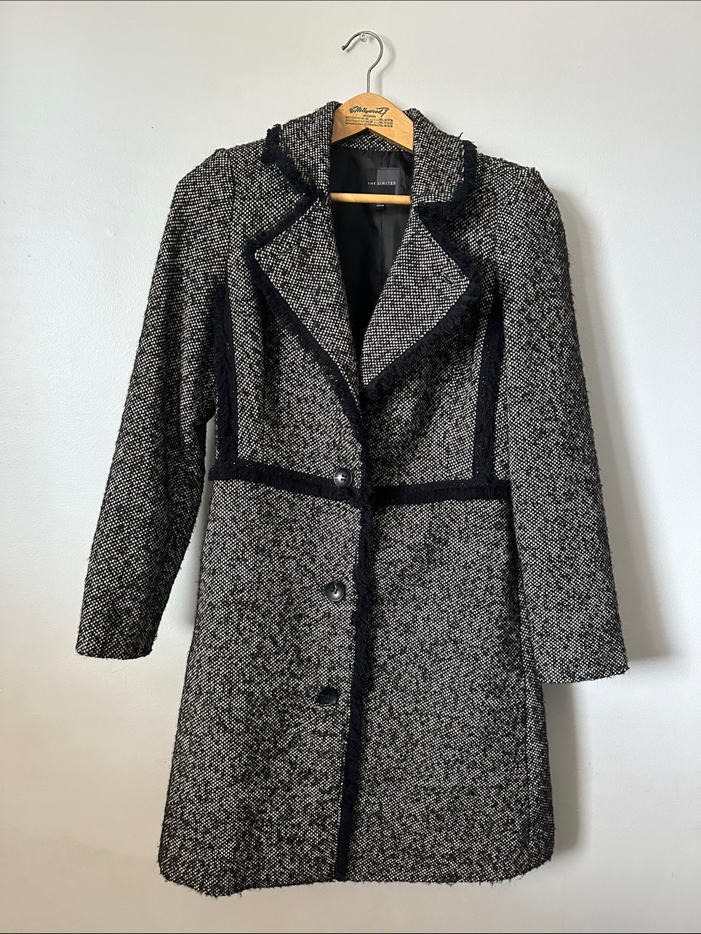The Limited Wool-Blend Black & White Tweed Coat Women's Medium Classic Style